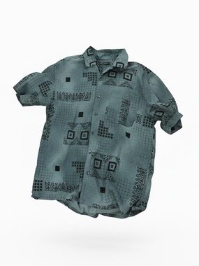 Casual Short-Sleeve Button-Down Silk Shirt in Teal with Geo Print